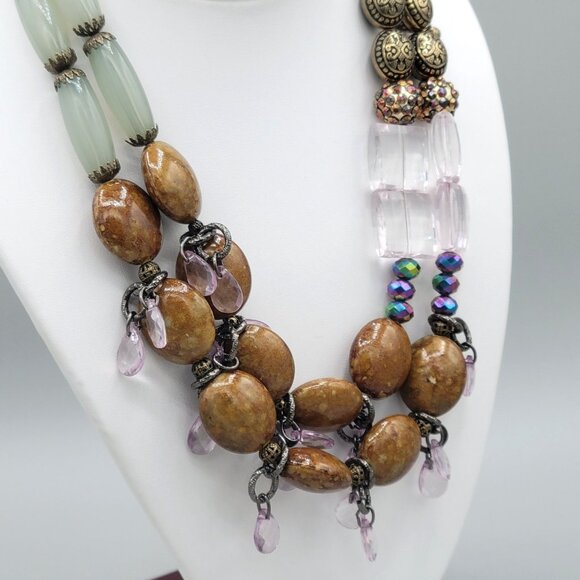 Handmade Chunky Boho Necklace Quartz Stones Metal Accents AB Beads Lobster Clasp - Picture 4 of 10